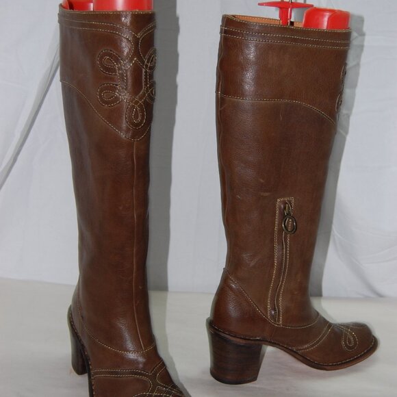 37/US7❤️ FIORENTINI+BAKER Brown Leather Over Knee High Heels Tall Biker BOOTS - Picture 13 of 14